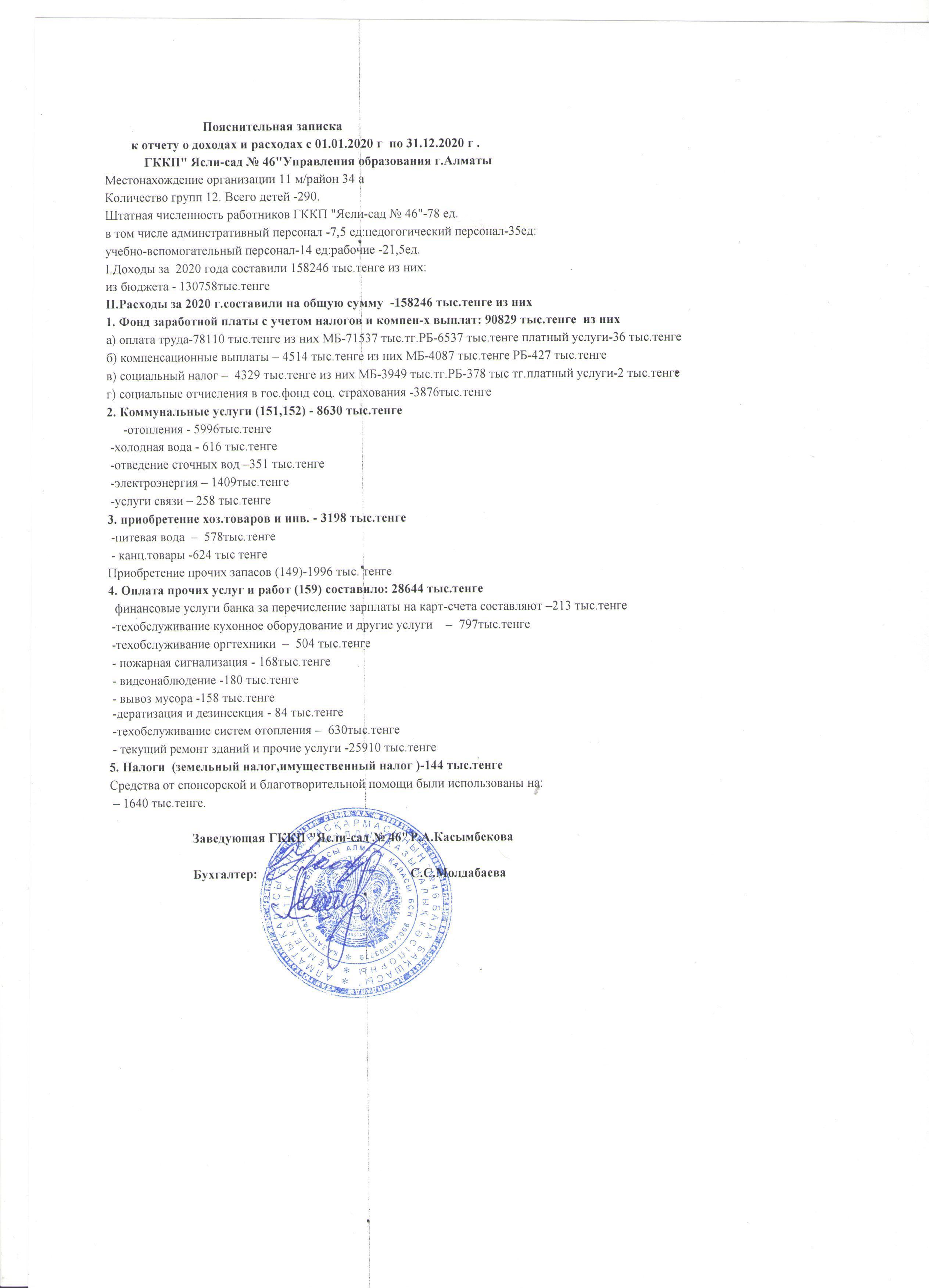 Отчет о доходох и расходах за 2020