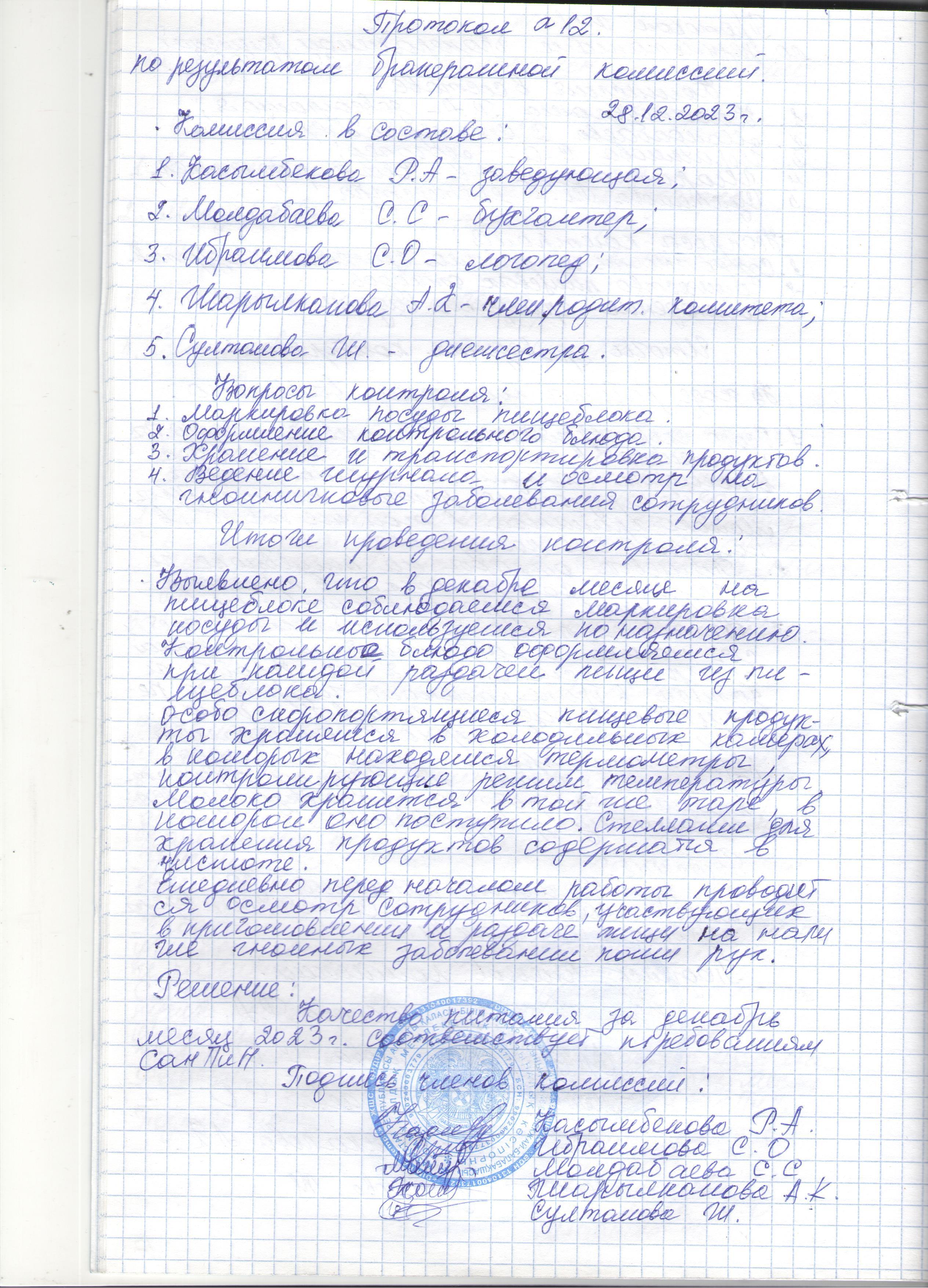 Протокол по результатом бракеражной комиссии